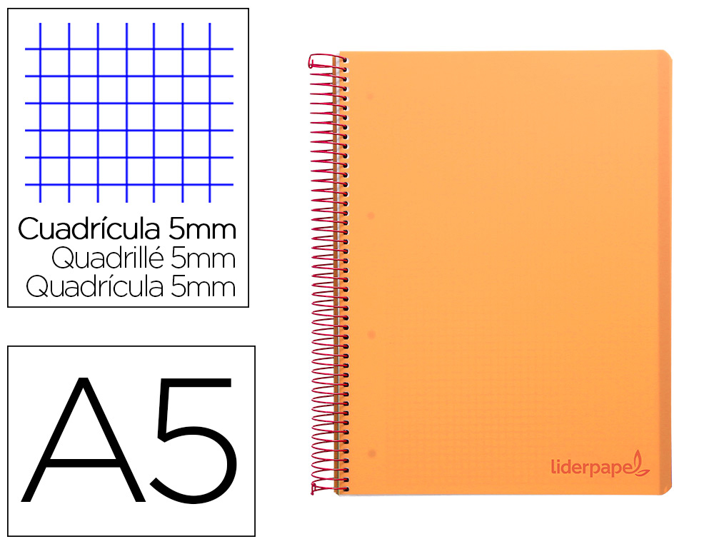 CADERNO ESPIRAL LIDERPAPEL WONDER MICRO DIN A5 CAPA PLASTICO 120 F 90 GR QUADRICULA 5MM 5 BANDAS DE CORES 6 FUROS LARANJ