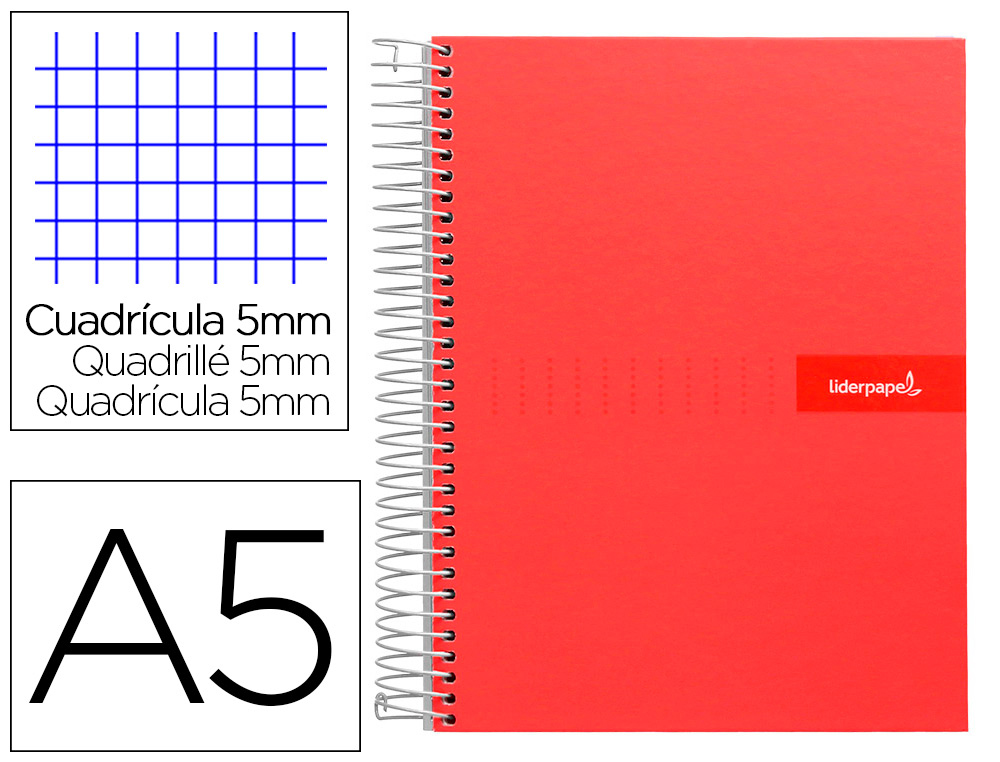 CADERNO ESPIRAL LIDERPAPEL CRAFTY MICRO DIN A5 CAPA FORRADA 120 F 90 GR QUADRICULA 5MM 5 BANDAS DE CORES 6 FUROS COR VER