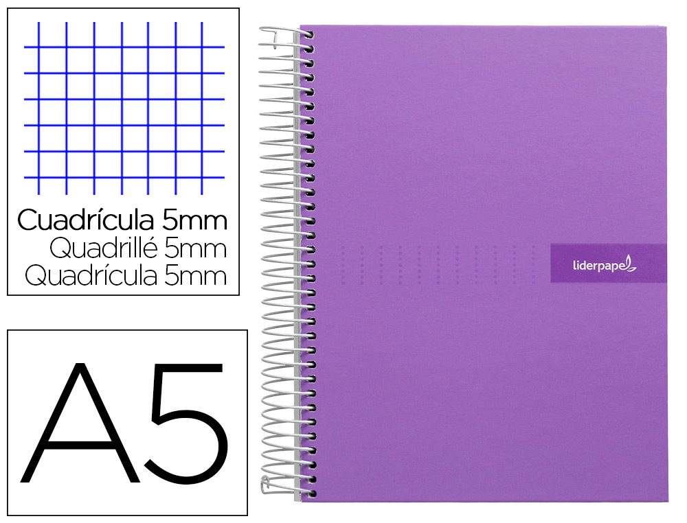 CADERNO ESPIRAL LIDERPAPEL CRAFTY MICRO DIN A5 CAPA FORRADA 120 F 90 GR QUADRICULA 5MM 5 BANDAS DE CORES 6 FUROS COR VIO
