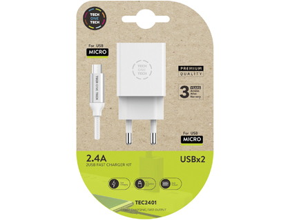CARREGADOR TECH ONE TECH 2.4 DUPLO USB + CABO BRAIDED NYLON MICRO USB ANDROID COMPRIMENTO 1 MT COR BRANCO