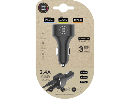 CARREGADOR TECH ONE TECH 2.4 CARRO DUPLO PARA IPHONE / USB MICRO / TYPE-C COR PRETO