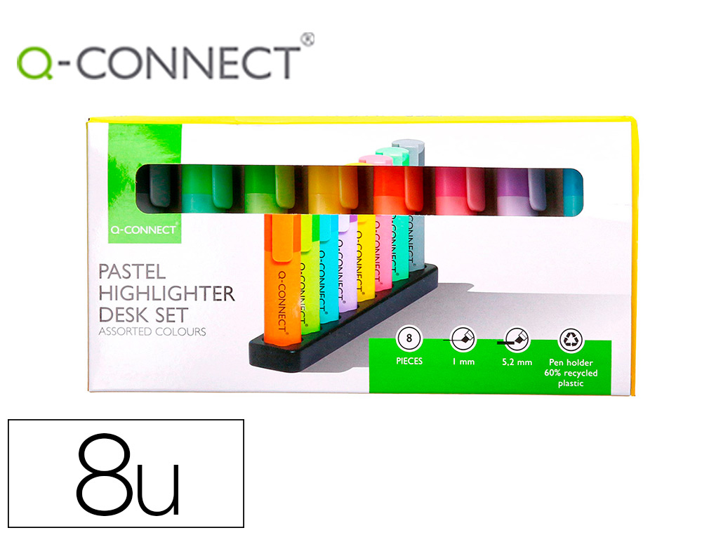 MARCADOR FLUORESCENTE Q-CONNECT PASTEL PONTA BISELADA ESTOJO DE SECRETARIA 8 CORES SORTIDAS