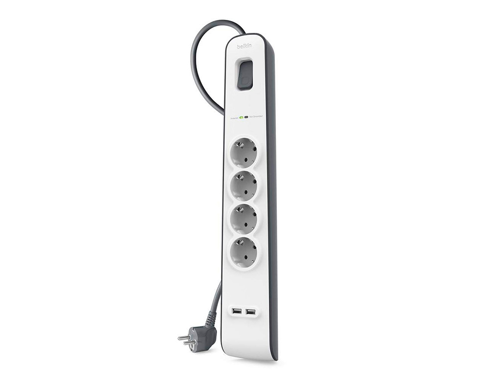 EXTENSAO ELETRICA BELKIN BSV401VF2M PROTECAO SOBRETENSAO 4 TOMADAS + 2 PORTAS USB BOTAO CORTE CORRENTE COR BRANCO/CINZA