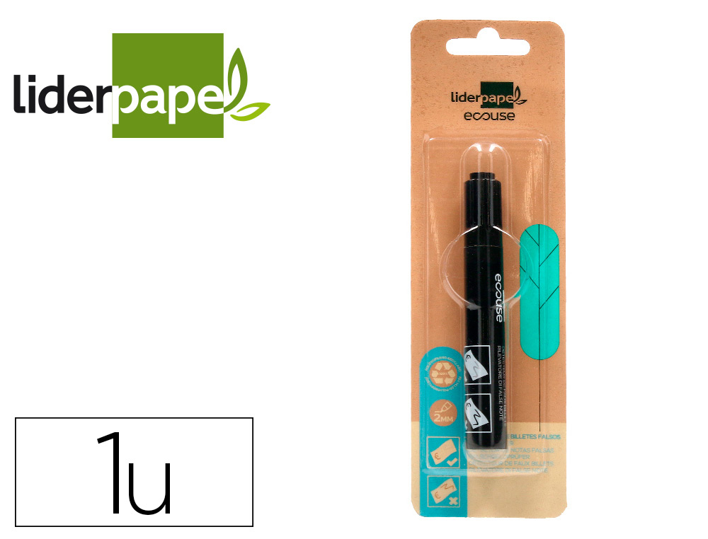 MARCADOR LIDERPAPEL ECOUSE DETETOR DE NOTAS FALSAS CORPO PLASTICO 100% RECICLADO EM BLISTER