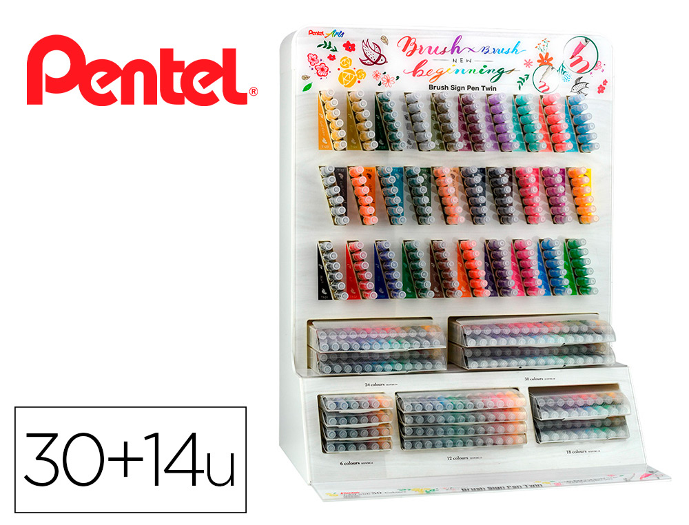 PINCEL PENTEL BRUSH SIGN PEN COM PONTA DUPLA EXPOSITOR COM 30 CORES E 14 ESTOJOS