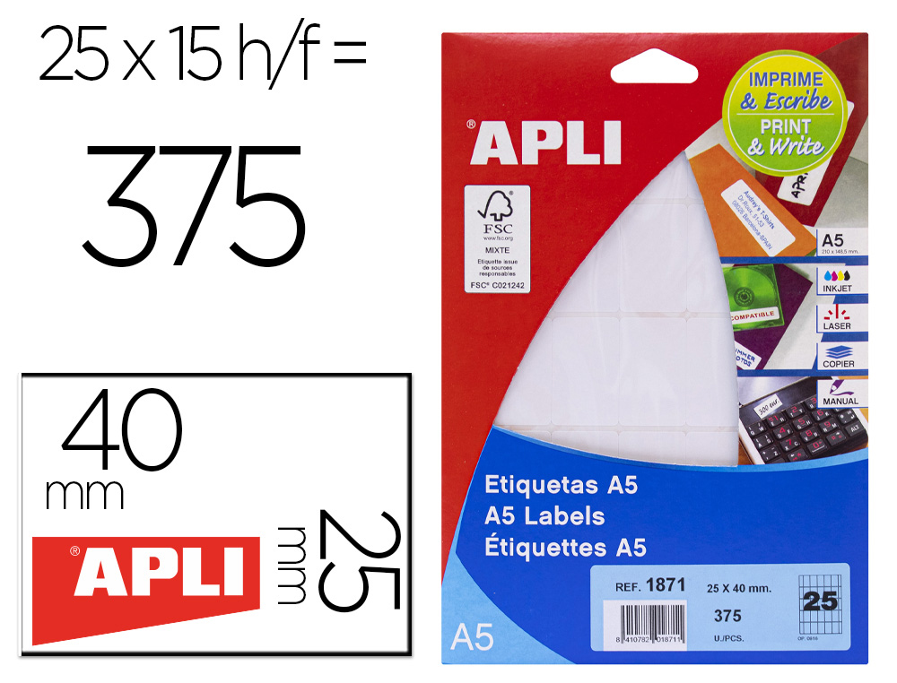 ETIQUETA ADESIVA APLI BRANCA 25X40 MM ENVELOPE 375 UNIDADES