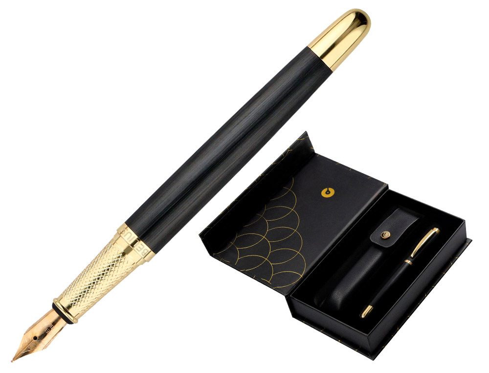 CANETA E ESTOJO COURO BELIUS PASSION DOR ALUMINIO TEXTURA ESCOVADO PRETO E DOURADO TINTA AZUL CAIXA DESIGN