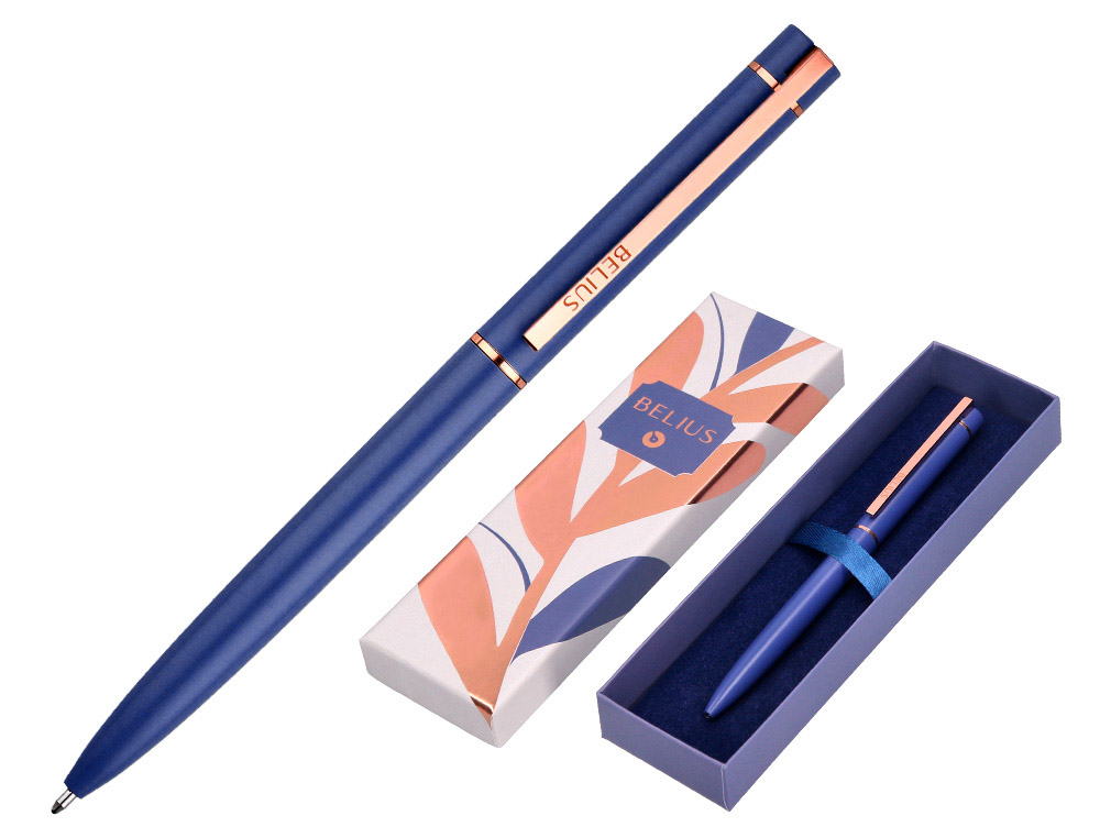 ESFEROGRAFICA BELIUS ROSE ALUMINIO DESENHO AZUL ELETRICO OURO ROSA TINTA AZUL CAIXA DESIGN