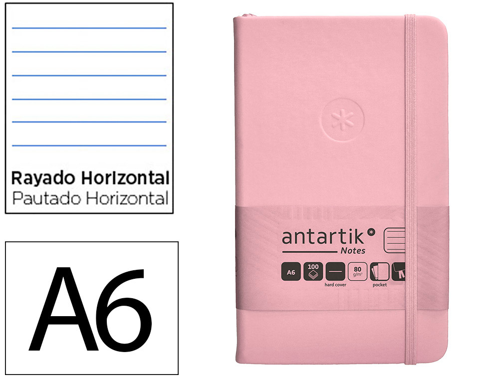 CADERNO COM ELASTICO ANTARTIK NOTES CAPA DURA A6 PAUTADO ROSA PASTEL 100 FOLHAS 80 GR FSC
