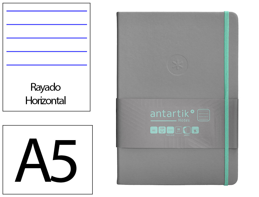CADERNO COM ELASTICO ANTARTIK NOTES CAPA DURA A5 PAUTADO CINZA E TURQUESA 100 FOLHAS 80 GR FSC