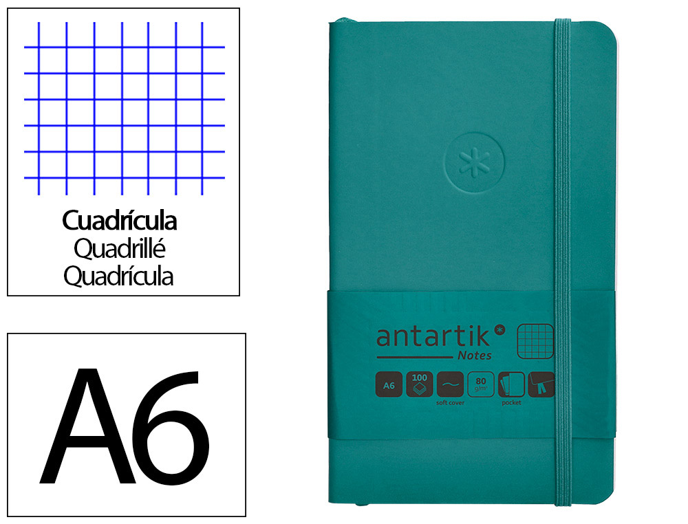 CADERNO COM ELASTICO ANTARTIK NOTES CAPA MOLE A6 QUADRICULADO VERDE AGUA-MARINHA 100 FOLHAS 80 GR FSC