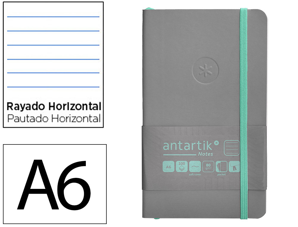 CADERNO COM ELASTICO ANTARTIK NOTES CAPA MOLE A6 PAUTADO CINZA E TURQUESA 100 FOLHAS 80 GR FSC