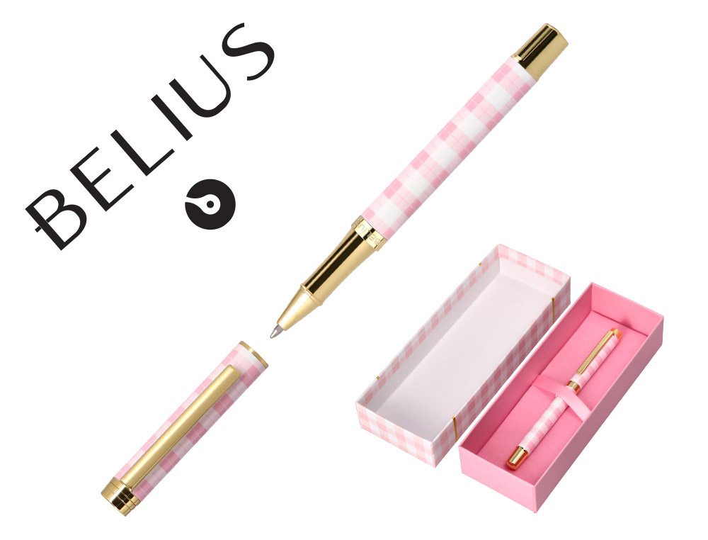 ESFEROGRAFICA BELIUS PICNIC ALUMINIO COR ROSA DOURADO TINTA COR AZUL CAIXA DE DESIGN