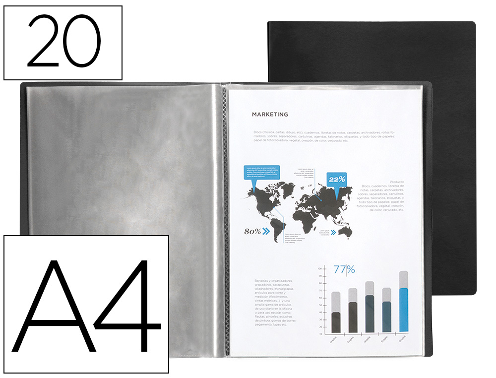 CAPA CATALOGO LIDERPAPEL 20 BOLSAS POLIPROPILENO DIN A4 PRETO OPACO