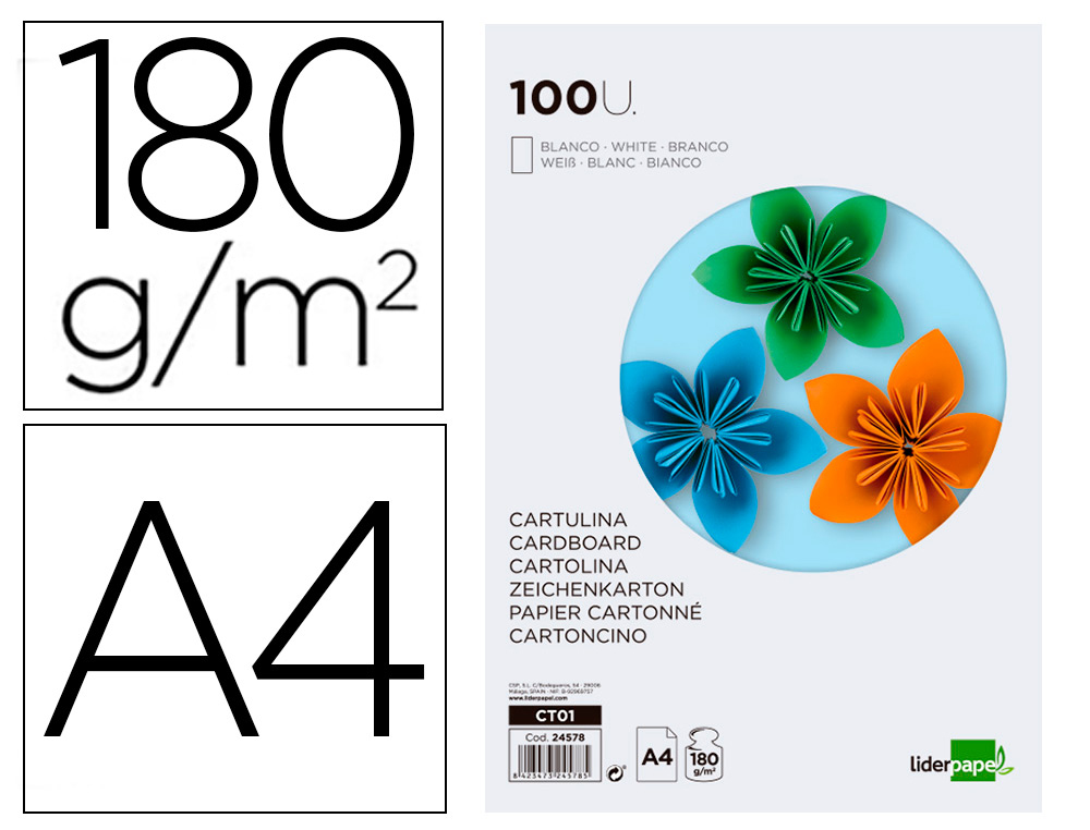 CARTOLINA LIDERPAPEL DIN A4 180 GR BRANCO PACK DE 100 UNIDADES