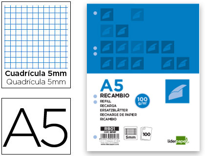 RECARGA LIDERPAPEL DIN A5 100 F 100 GR QUADRICULADO
