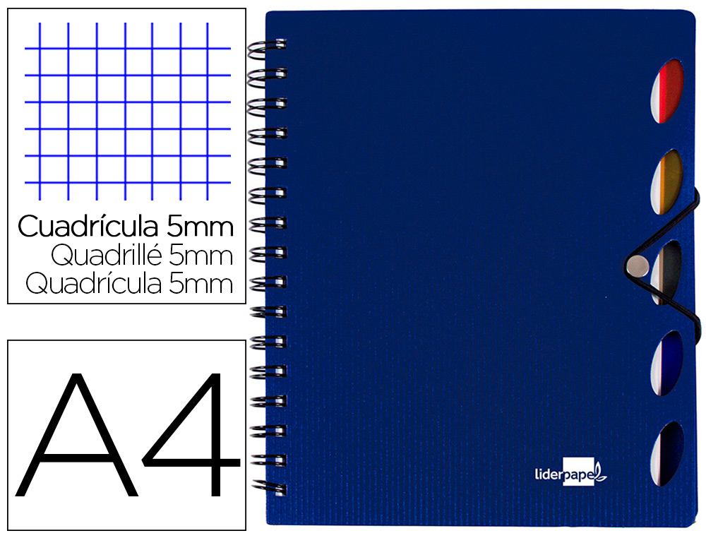 CADERNO ESPIRAL LIDERPAPEL A4 MICRO EXECUTIVE CAPA PLASTICO 100 F 80 GR QUADRICULA 5MM 5 SEPARADORES COM ELASTICO AZUL