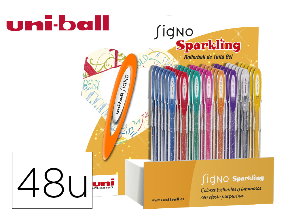 ROLLER UNI BALL UM-120 SIGNO 0,7 MM TINTA GEL EXPOSITOR DE 48 UNIDADES EM 8 CORES COM PURPURINA