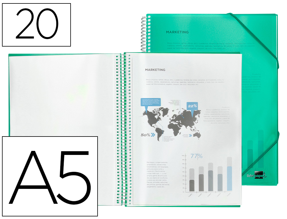 CAPA CATALOGO LIDERPAPEL COM ESPIRAL 20 BOLSAS POLIPROPILENO DIN A5 VERDE