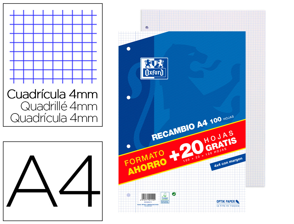RECARGA OXFORD DIN A4 100 + 20 FOLHAS GRATIS 90 GR QUADRICULA 4 MM 4 FUROS