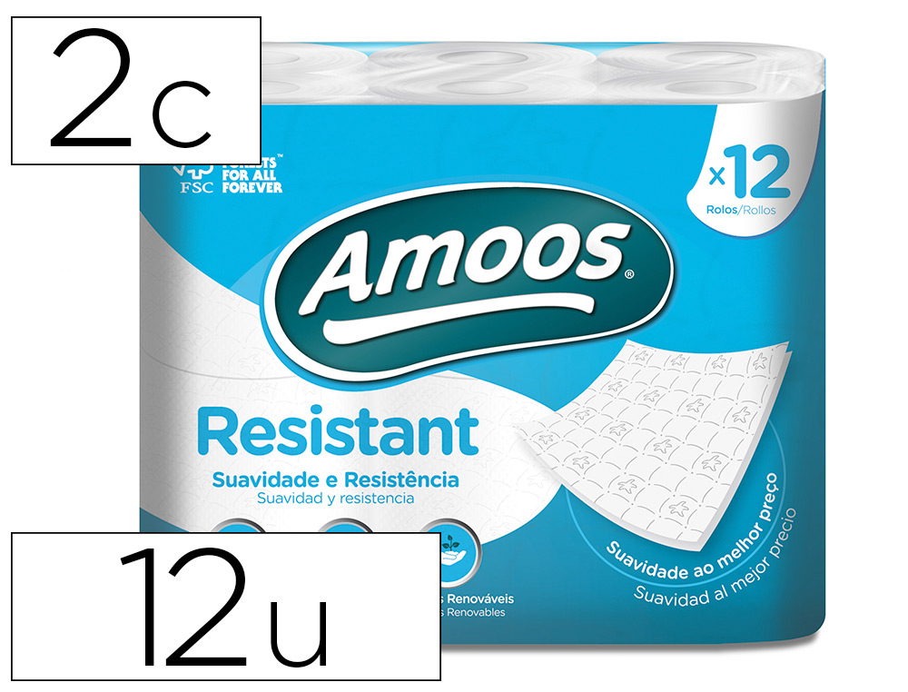 PAPEL HIGIENICO AMOOS 2 FOLHAS 100 MM DIAMETRO X 87 MM ALTURA PACK DE 12 ROLOS
