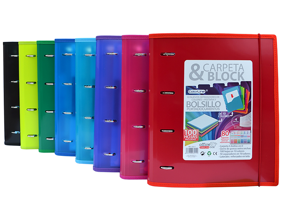 CARPETA 4 ANILLAS DE 32 MM OFFICE BOX COLORLINE 10 SEPARADORES DOSSIER 100 HOJAS APERTURA 360 COLORES LINE