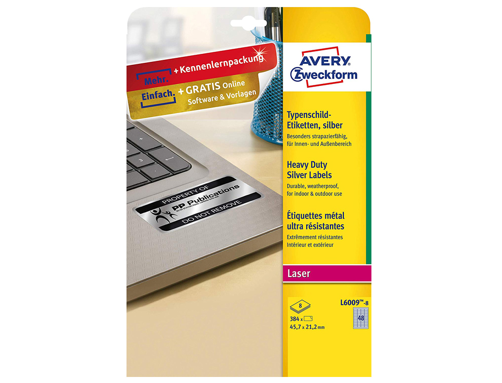 ETIQUETA ADESIVA AVERY POLIESTER PRATA 45,7X21,2 MM LASER PACK DE 8 UNIDADES