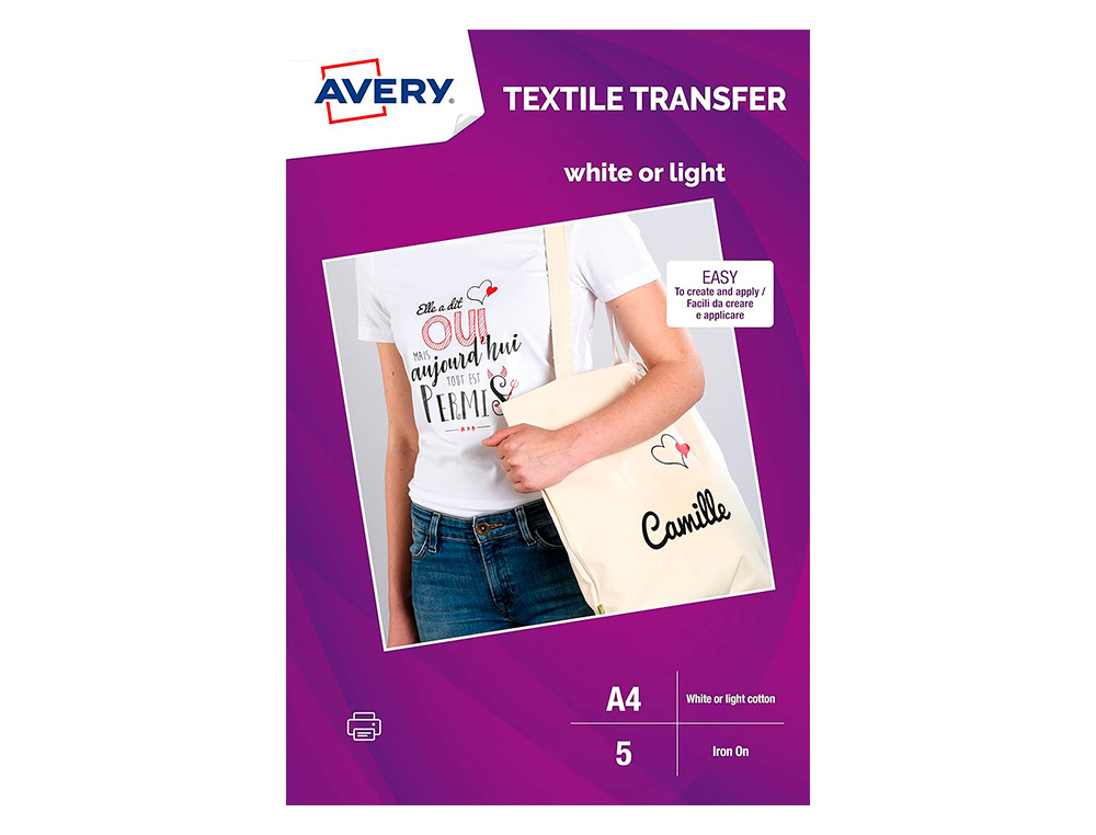 PAPEL TRANSFER AVERY PARA T-SHIRTS EM ALGODAO COR BRANCO IMPRESSAO A JATO DE TINTA DIN A4 EMBALAGEM DE 8 FOLHAS