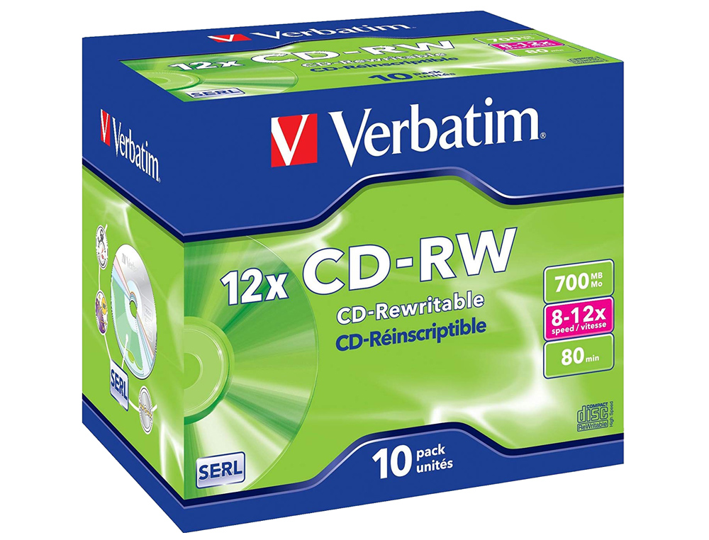 CD-RW VERBATIM SERL CAPACIDADE 700MB VELOCIDADE 12X 80 MIN PACK DE 10 UNIDADES