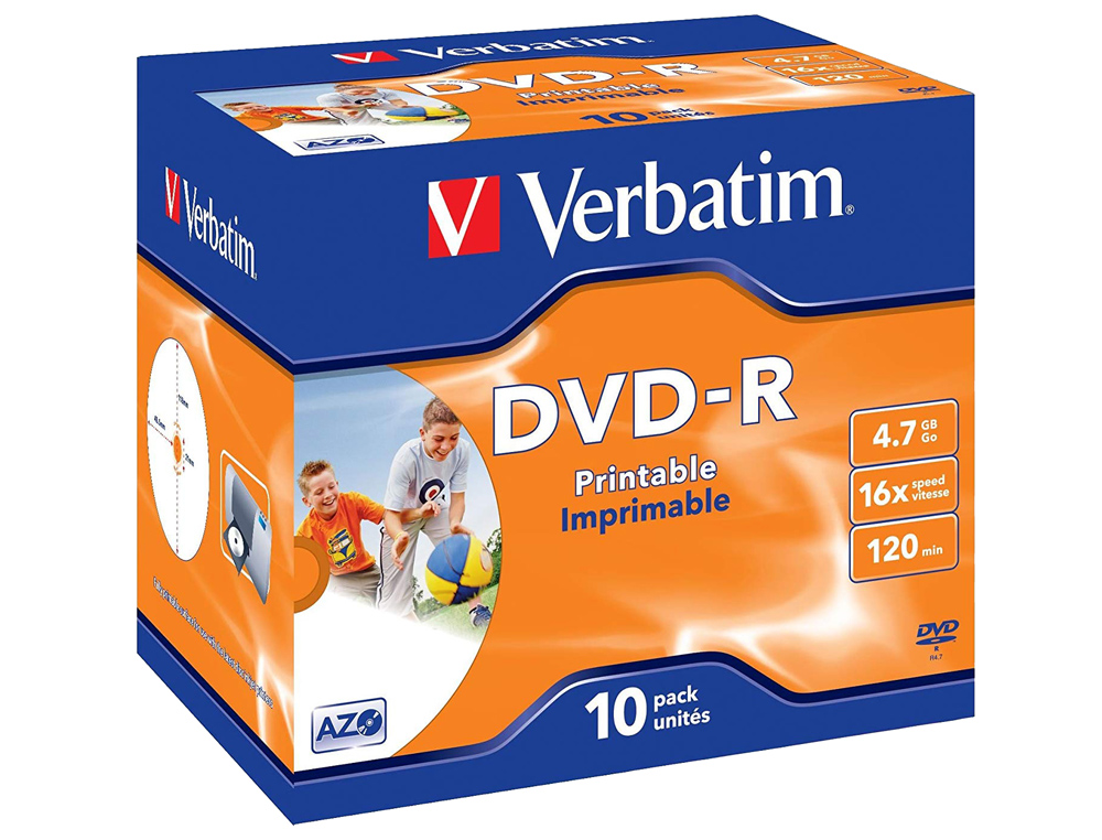 DVD-R VERBATIM IMPRIMIVEL CAPACIDADE 4.7GB VELOCIDADE 16X 120 MIN PACK DE 10 UNIDADES