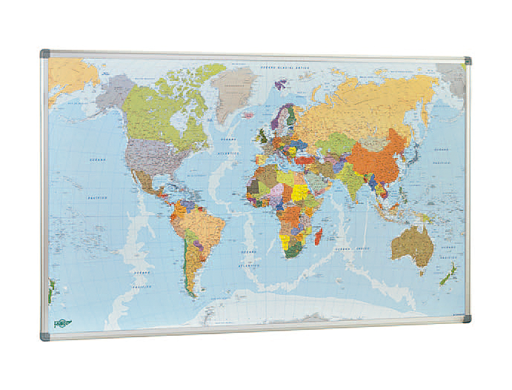 MAPA PAREDE FAIBO PLANISFERO POLITICO MAGNETICO MOLDURA DE ALUMINIO COM CANTOS DE PROTECAO 84X140 CM