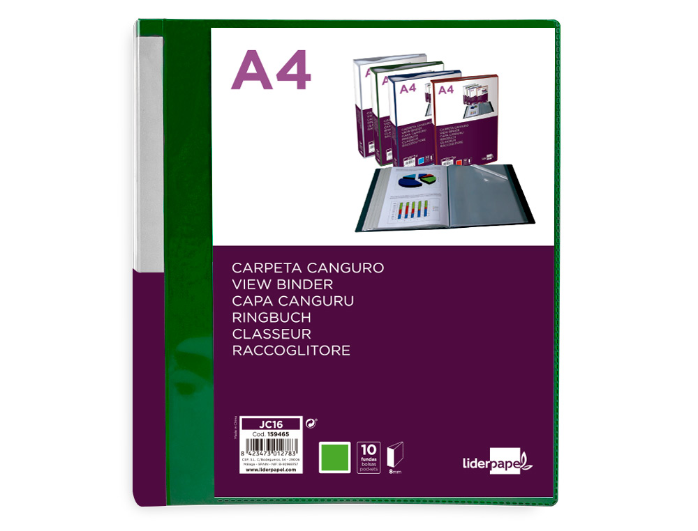 PASTA CANGURU LIDERPAPEL 10 BOLSAS POLIPROPILENO DIN A4 VERDE TRANSLUCIDO CAPA E LOMBADA PERSONALIZAVEL