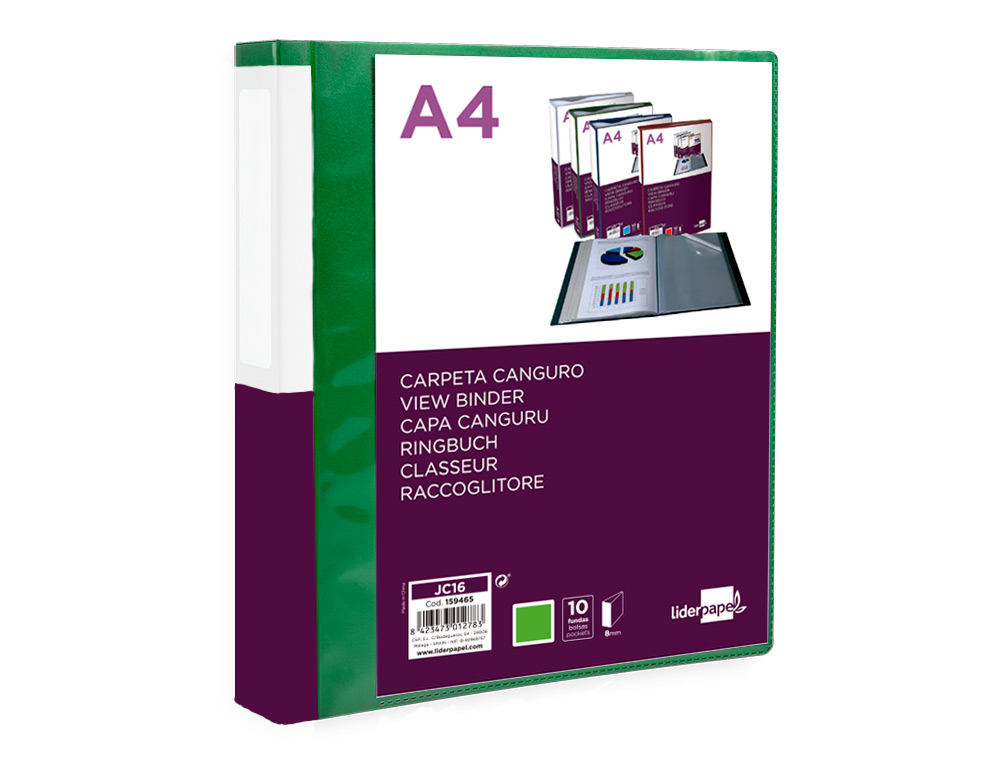PASTA CANGURU LIDERPAPEL 10 BOLSAS POLIPROPILENO DIN A4 VERDE TRANSLUCIDO CAPA E LOMBADA PERSONALIZAVEL