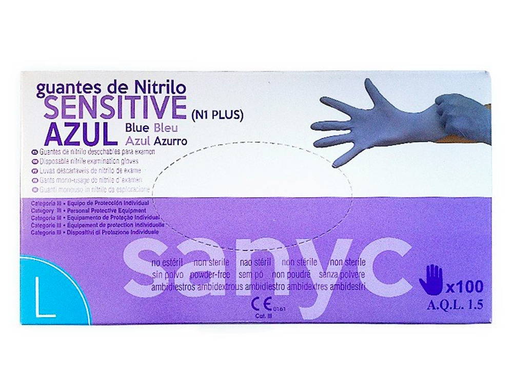 LUVA DE NITRILO DESCARTAVEL SENSIVEL SEM PO TAMANHO L GRANDE COR AZUL CAIXA DE 100 UNIDADES
