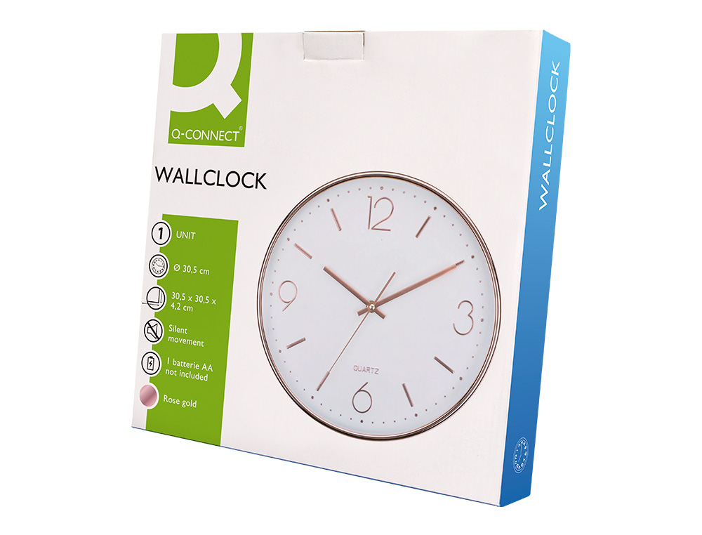 RELOGIO Q-CONNECT DE PAREDE METALICO REDONDO 30,5 CM MOVIMENTO SILENCIOSO COR ROSA DOURADO