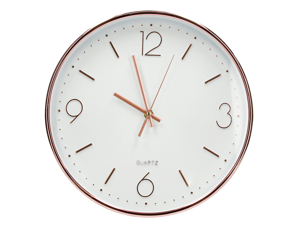 RELOGIO Q-CONNECT DE PAREDE METALICO REDONDO 30,5 CM MOVIMENTO SILENCIOSO COR ROSA DOURADO