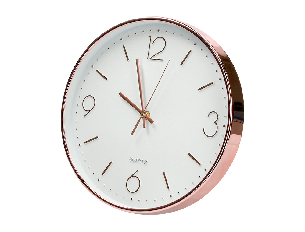 RELOGIO Q-CONNECT DE PAREDE METALICO REDONDO 30,5 CM MOVIMENTO SILENCIOSO COR ROSA DOURADO