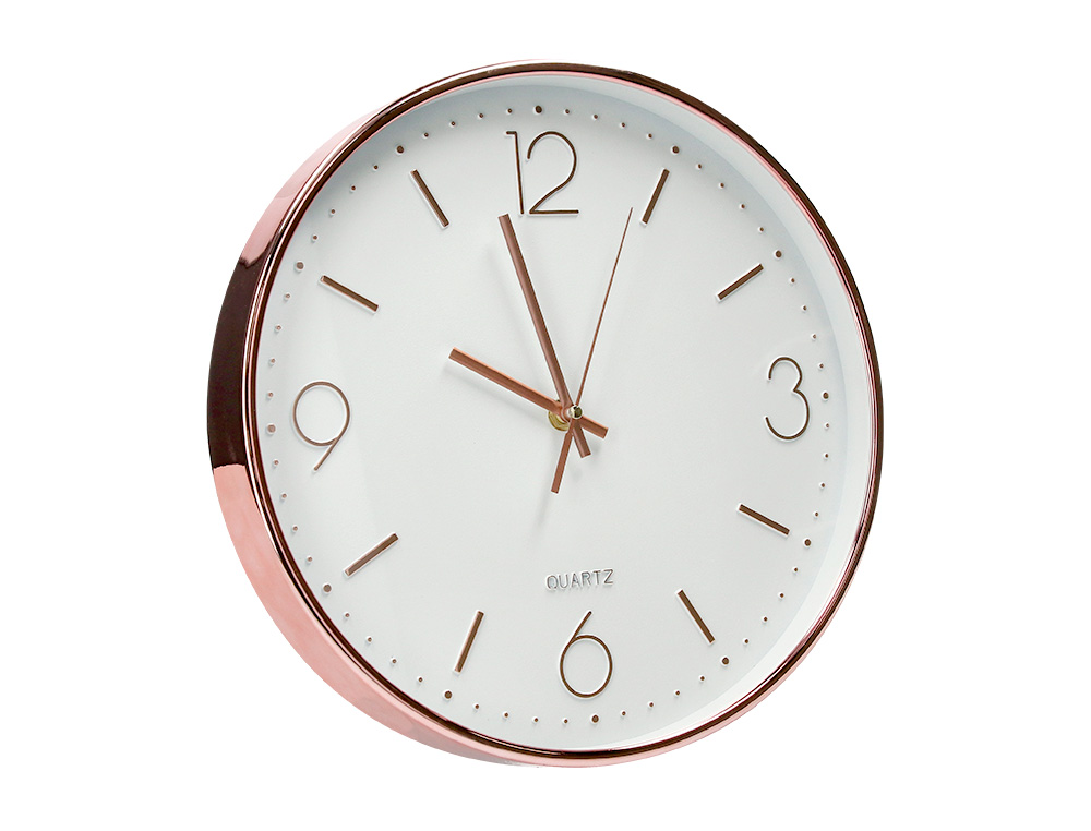 RELOGIO Q-CONNECT DE PAREDE METALICO REDONDO 30,5 CM MOVIMENTO SILENCIOSO COR ROSA DOURADO