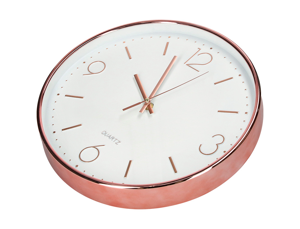 RELOGIO Q-CONNECT DE PAREDE METALICO REDONDO 30,5 CM MOVIMENTO SILENCIOSO COR ROSA DOURADO