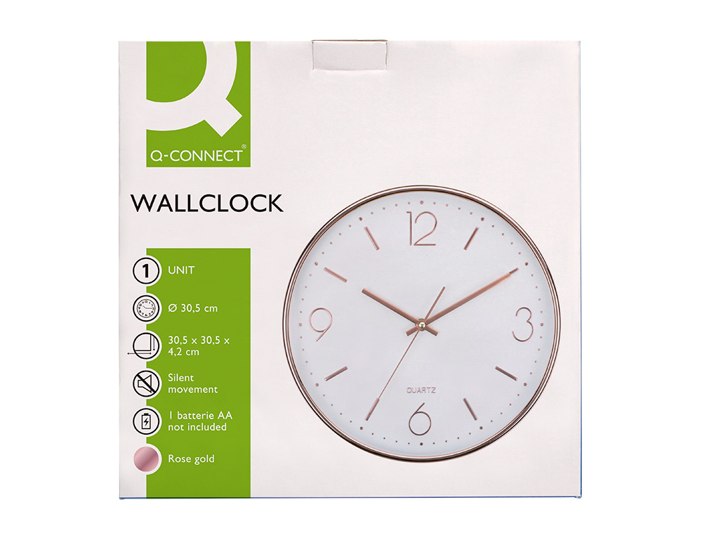 RELOGIO Q-CONNECT DE PAREDE METALICO REDONDO 30,5 CM MOVIMENTO SILENCIOSO COR ROSA DOURADO
