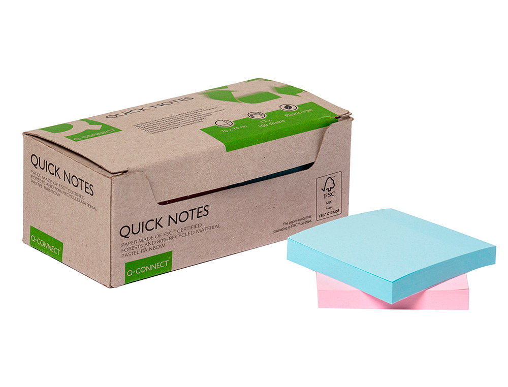 BLOCO DE NOTAS ADESIVAS Q-CONNECT 76X76 MM 100% PAPEL RECICLADO CORES PASTEL CAIXA DE CARTAO