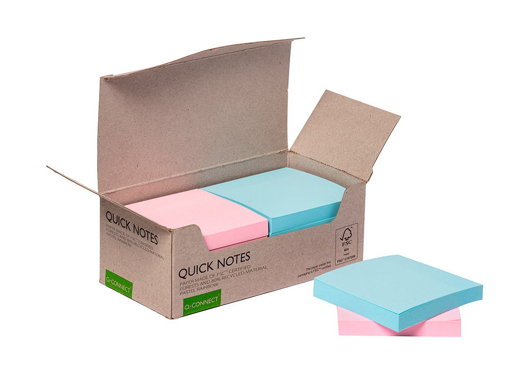 BLOCO DE NOTAS ADESIVAS Q-CONNECT 76X76 MM 100% PAPEL RECICLADO CORES PASTEL CAIXA DE CARTAO