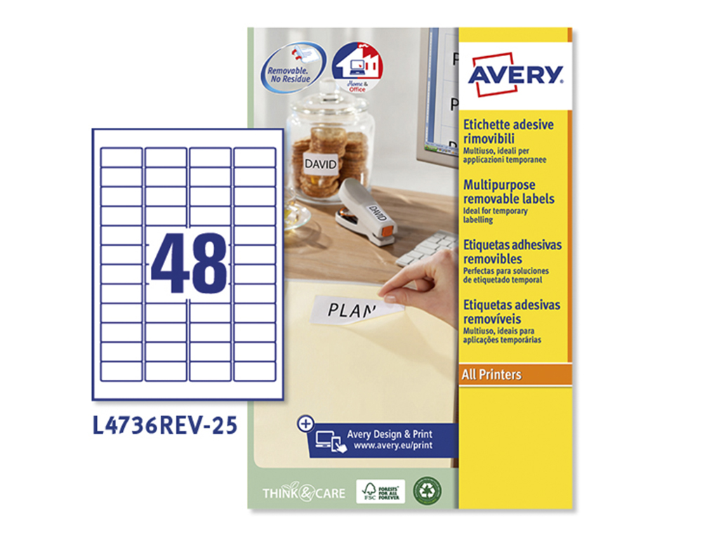 ETIQUETA ADESIVA AVERY BRANCA REMOVIVEL IMPRESSORA LASER INJECAO DE TINTA E FOTOCOPIADORA 45,7X21,2 MM CAIXA DE 1200 UDS