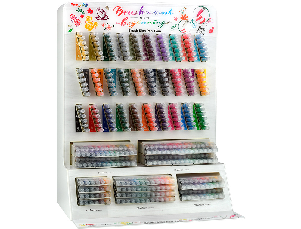 PINCEL PENTEL BRUSH SIGN PEN COM PONTA DUPLA EXPOSITOR COM 30 CORES E 14 ESTOJOS