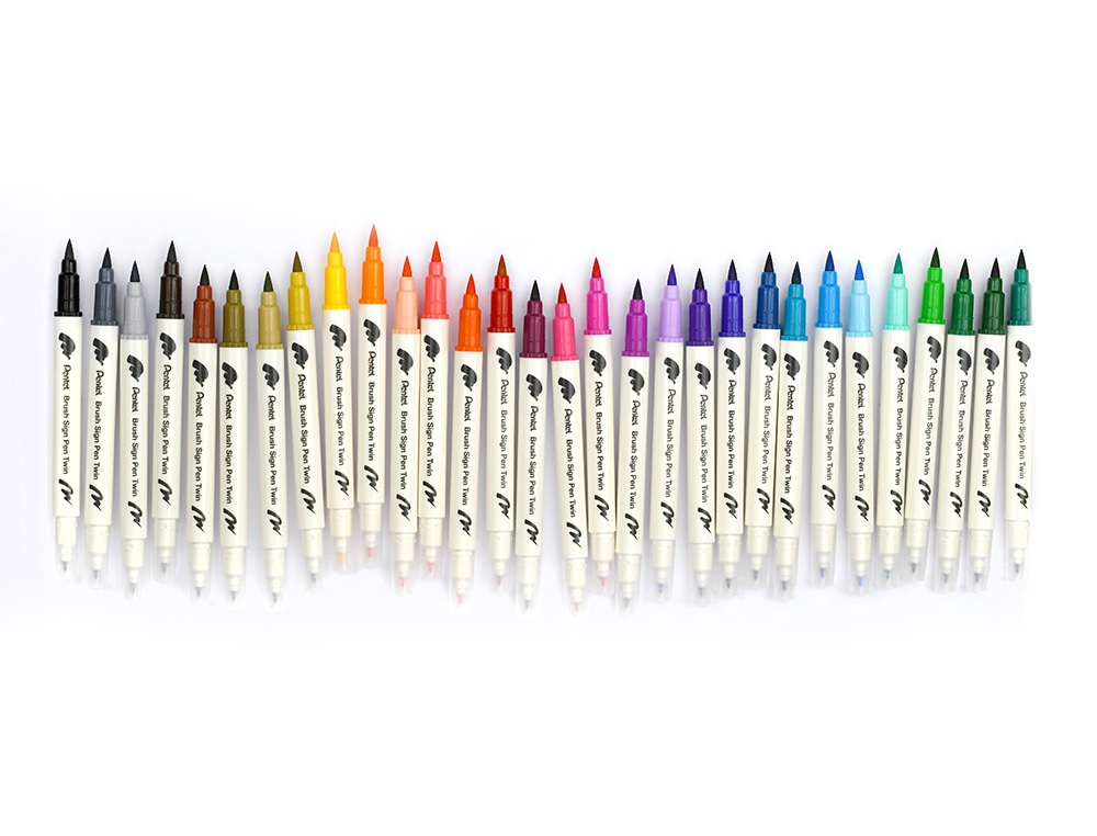 PINCEL PENTEL BRUSH SIGN PEN COM PONTA DUPLA EXPOSITOR COM 30 CORES E 14 ESTOJOS