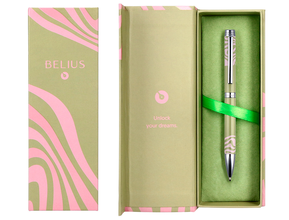 ESFEROGRAFICA BELIUS INK DREAMS ALUMINIO DESENHO VERDE MATCHA E ROSA PRATEADO FRASE INTERIOR CAIXA DESIGN TINTA AZUL