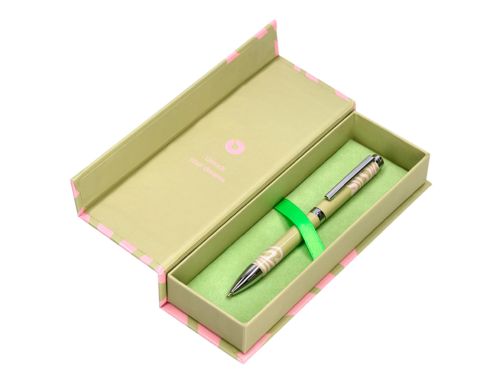 ESFEROGRAFICA BELIUS INK DREAMS ALUMINIO DESENHO VERDE MATCHA E ROSA PRATEADO FRASE INTERIOR CAIXA DESIGN TINTA AZUL