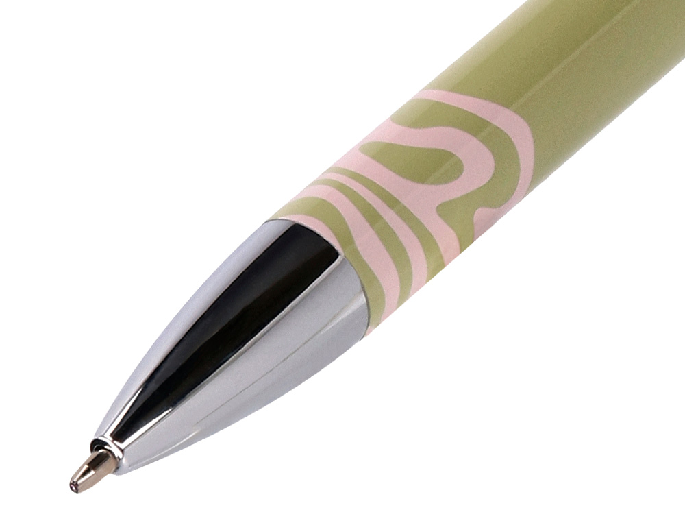 ESFEROGRAFICA BELIUS INK DREAMS ALUMINIO DESENHO VERDE MATCHA E ROSA PRATEADO FRASE INTERIOR CAIXA DESIGN TINTA AZUL