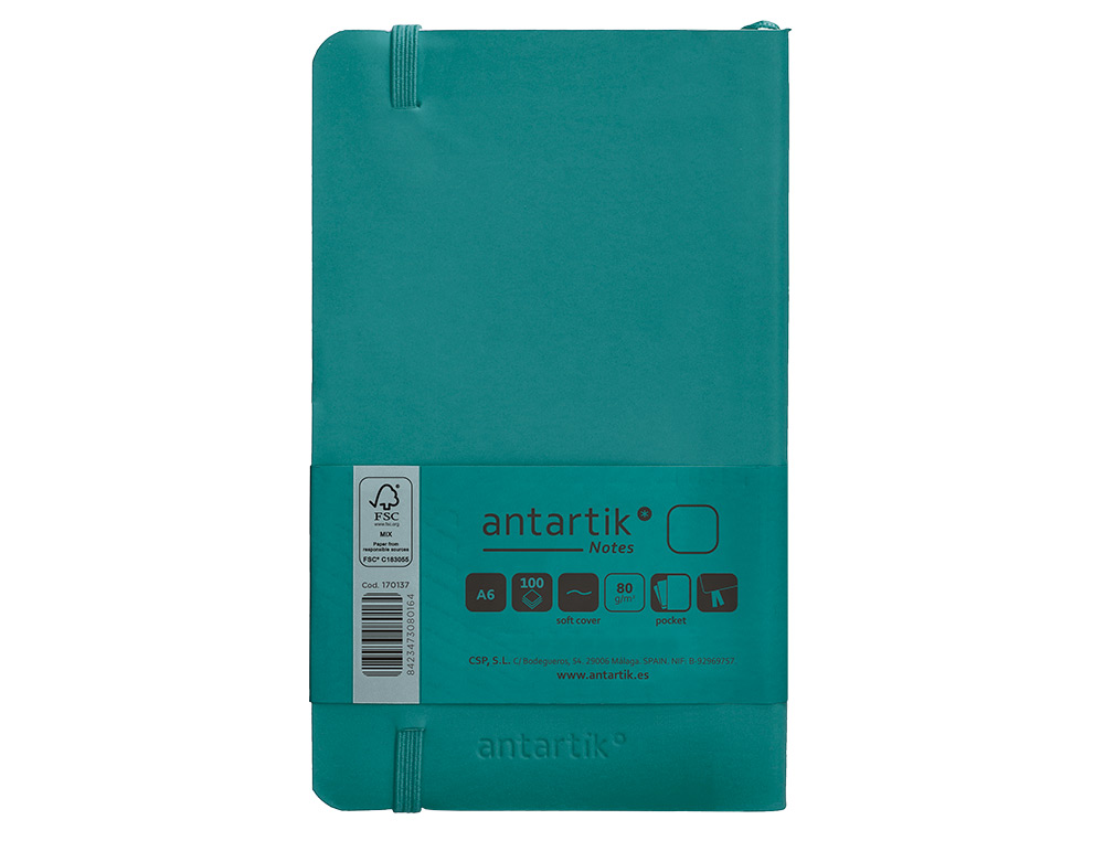 CADERNO COM ELASTICO ANTARTIK NOTES CAPA MOLE A6 LISO VERDE AGUA-MARINHA 100 FOLHAS 80 GR FSC