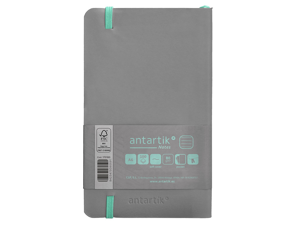 CADERNO COM ELASTICO ANTARTIK NOTES CAPA MOLE A6 PAUTADO CINZA E TURQUESA 100 FOLHAS 80 GR FSC